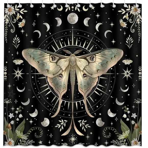 Mystical Moth Shower Curtain - Black and Cream - Picture 2 of 4
